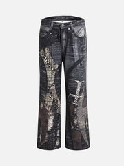Full Cross Stitching Leather Flare Jeans