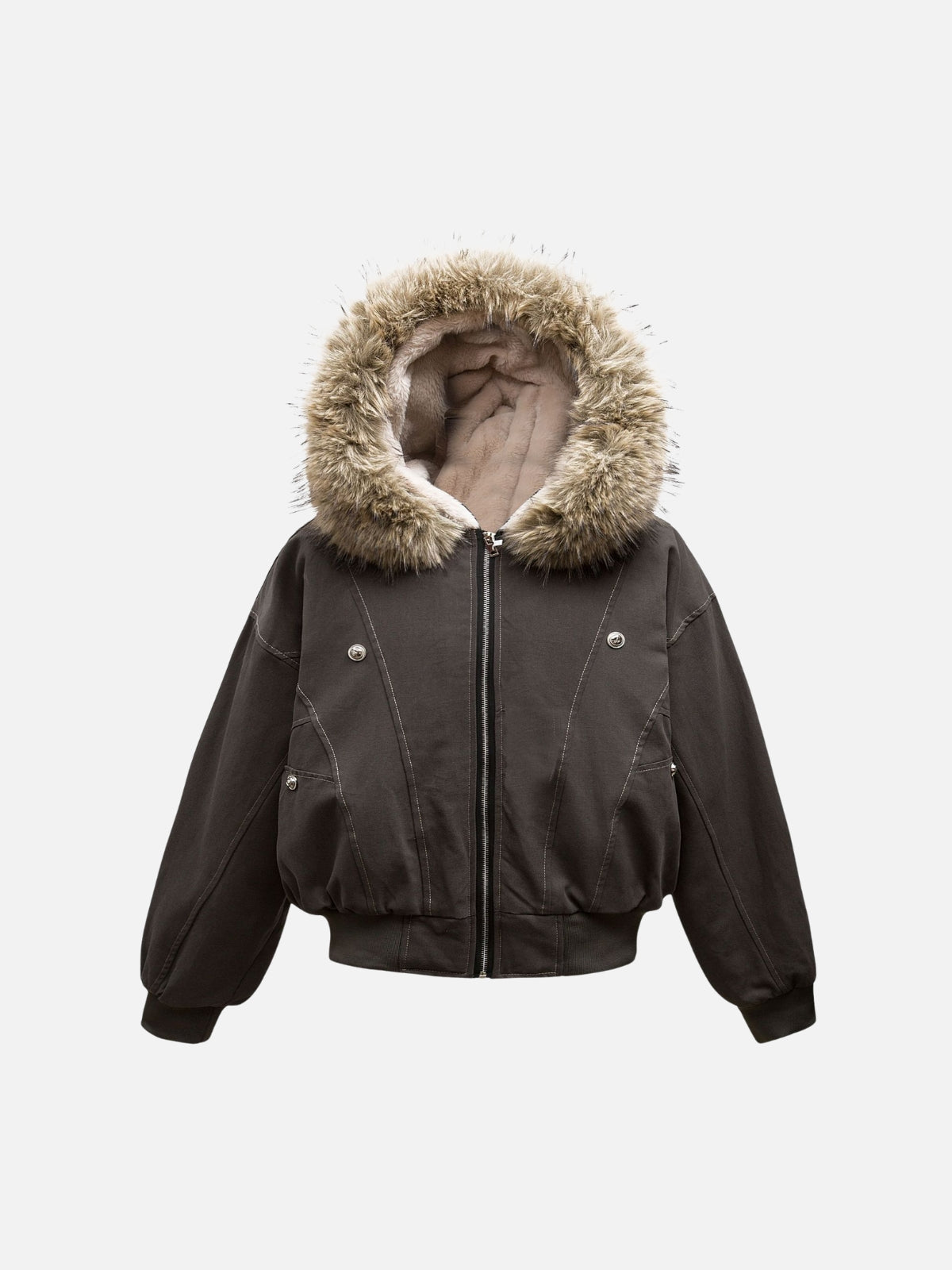 Fur Lined Zip Up Hooded Bomber Jacket