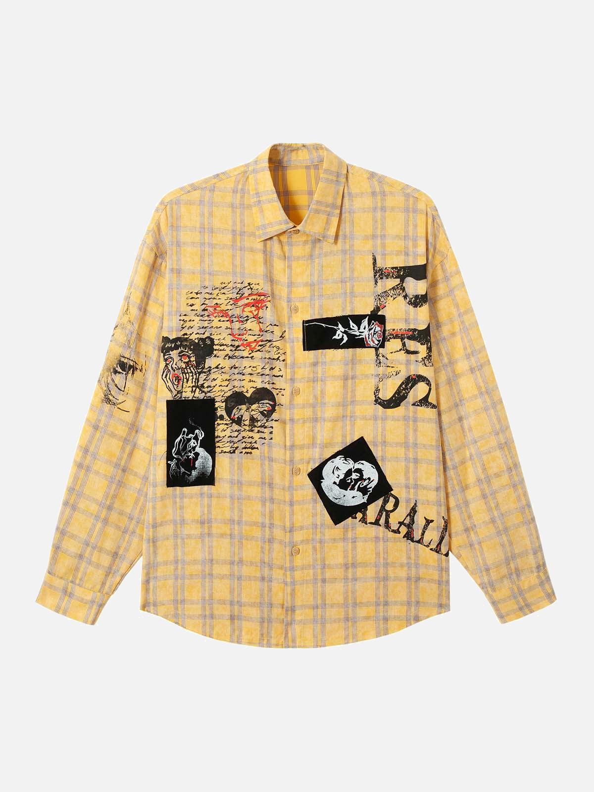Graffiti Letter Print Long Sleeve Plaid Polo Shirt