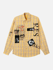 Graffiti Letter Print Long Sleeve Plaid Polo Shirt