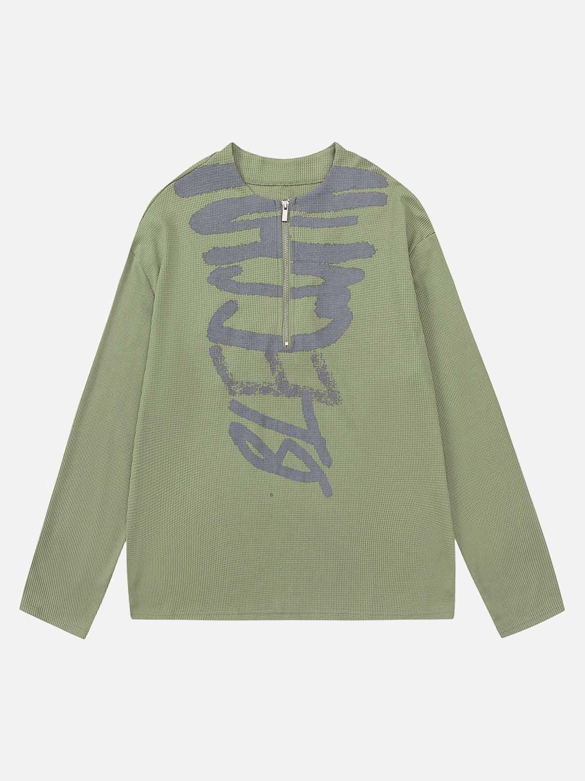 Half Zip Crew Neck Printed Knitted Sweater