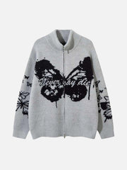 Hand-Painted Slogan Butterfly Jacquard Cardigan