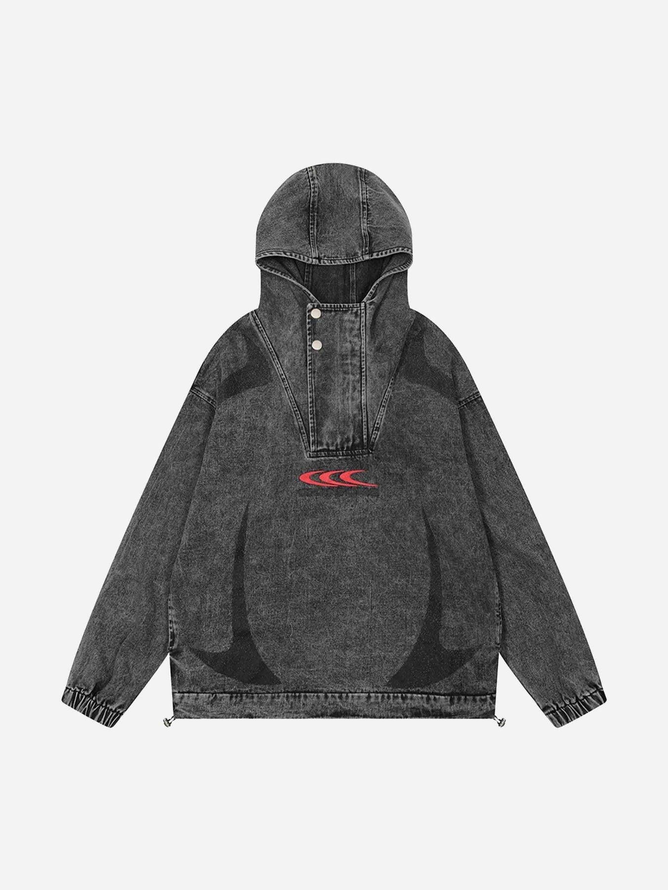 High-Neck Hooded Wash Denim Jacket