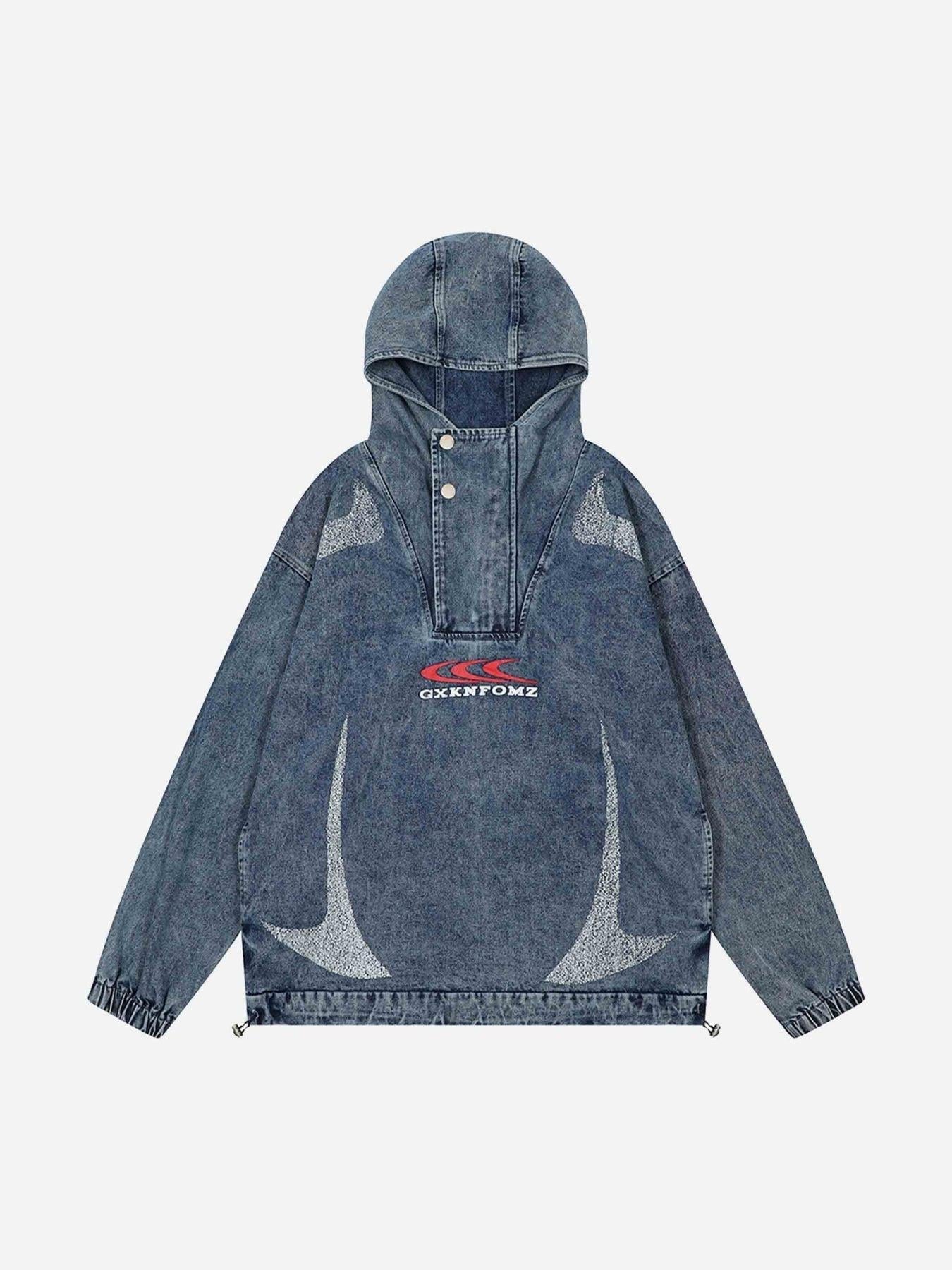 High-Neck Hooded Wash Denim Jacket