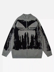 High Street Abstract Pattern Zipper Stand Collar Cardigan