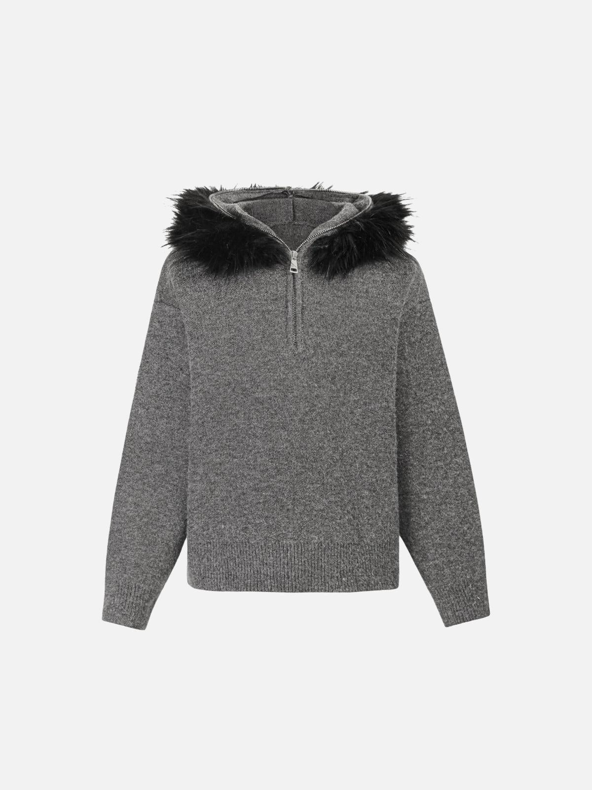 High Street Detachable Fur Collar Half-Zipped Sweater