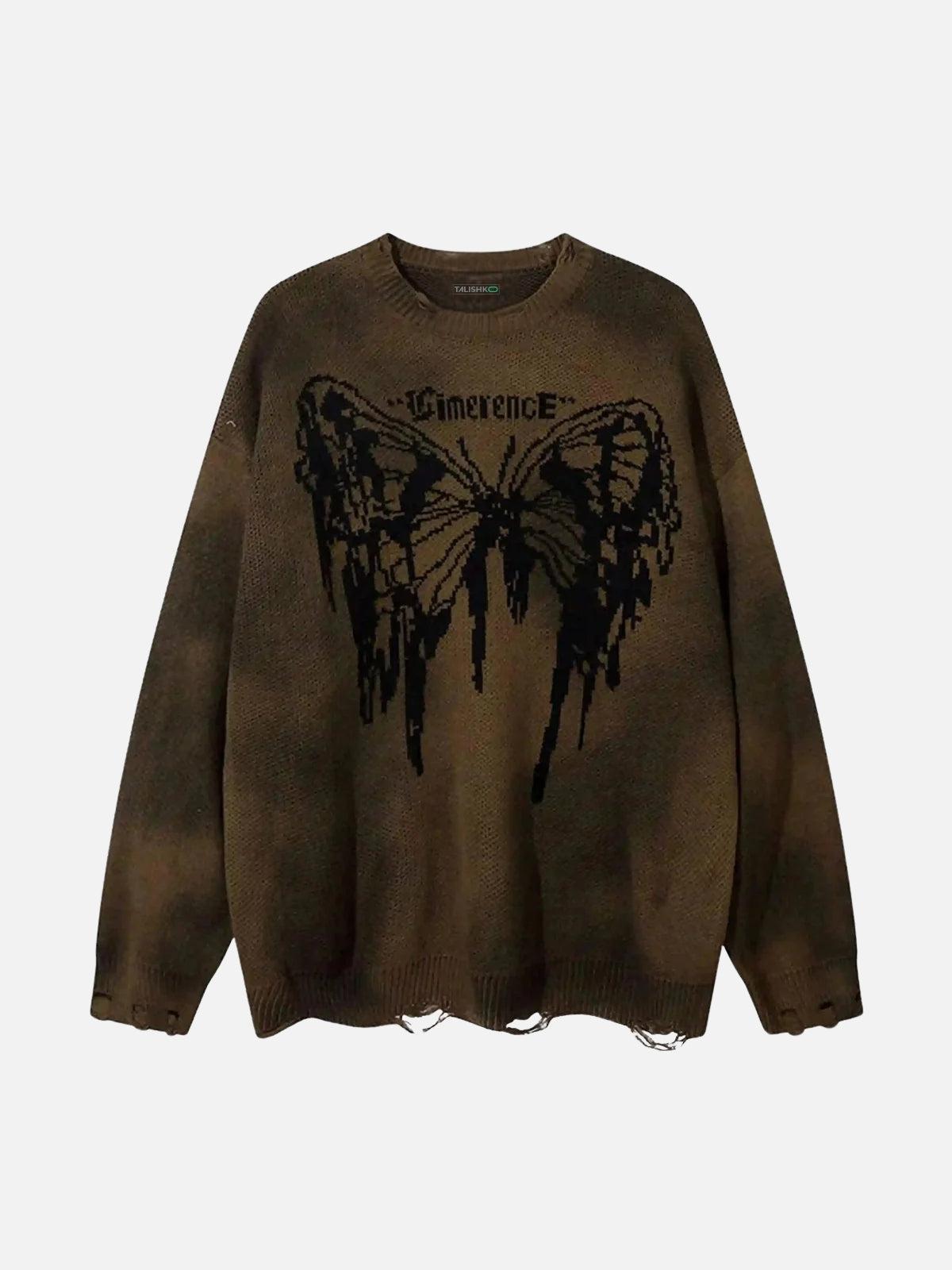 Hip-Hop Lazy Style Butterfly Jacquard Ripped Sweater
