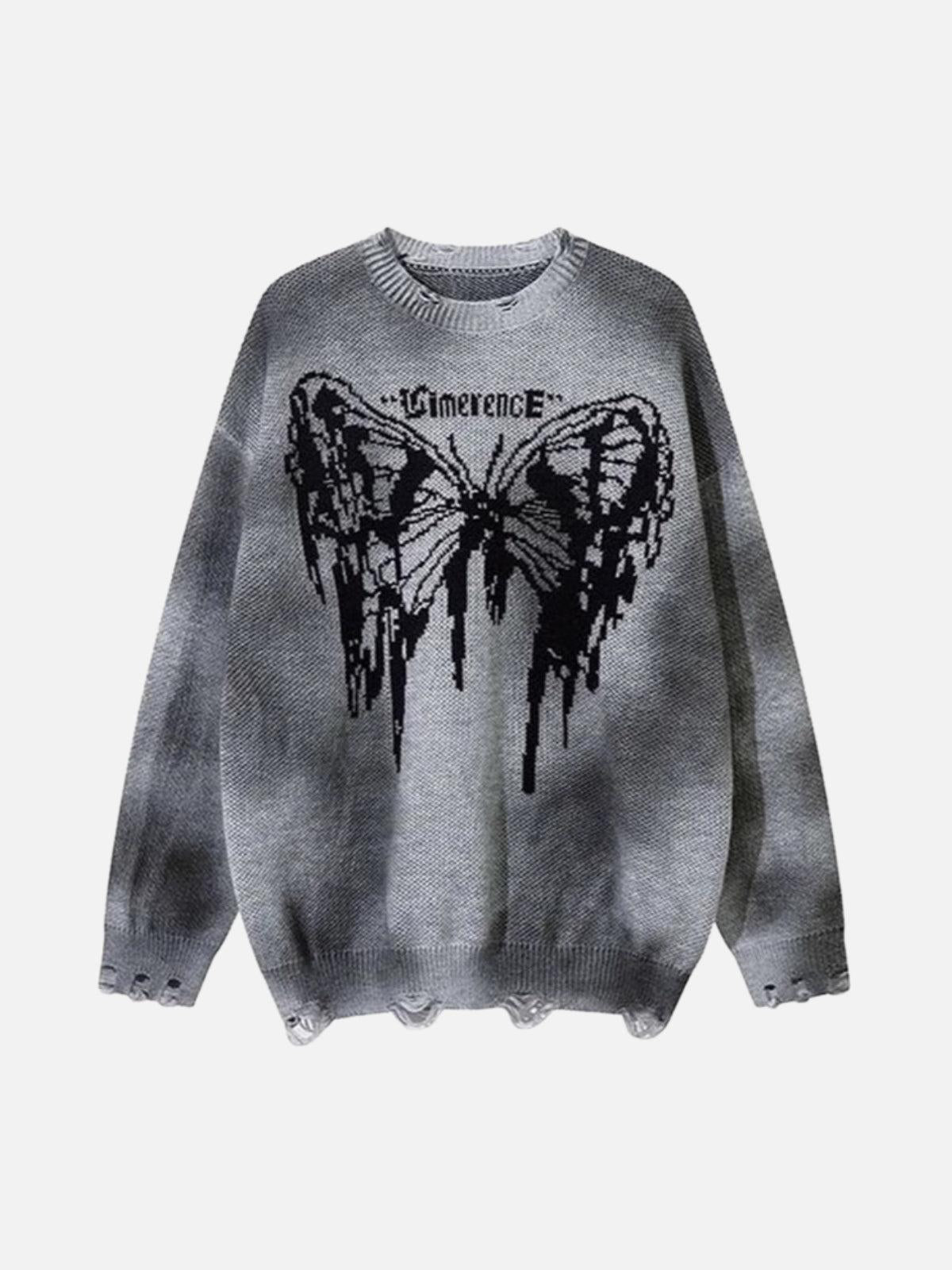 Hip-Hop Lazy Style Butterfly Jacquard Ripped Sweater