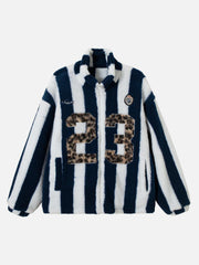 Jersey Embroidered Cheetah Print Striped Sherpa Jacket