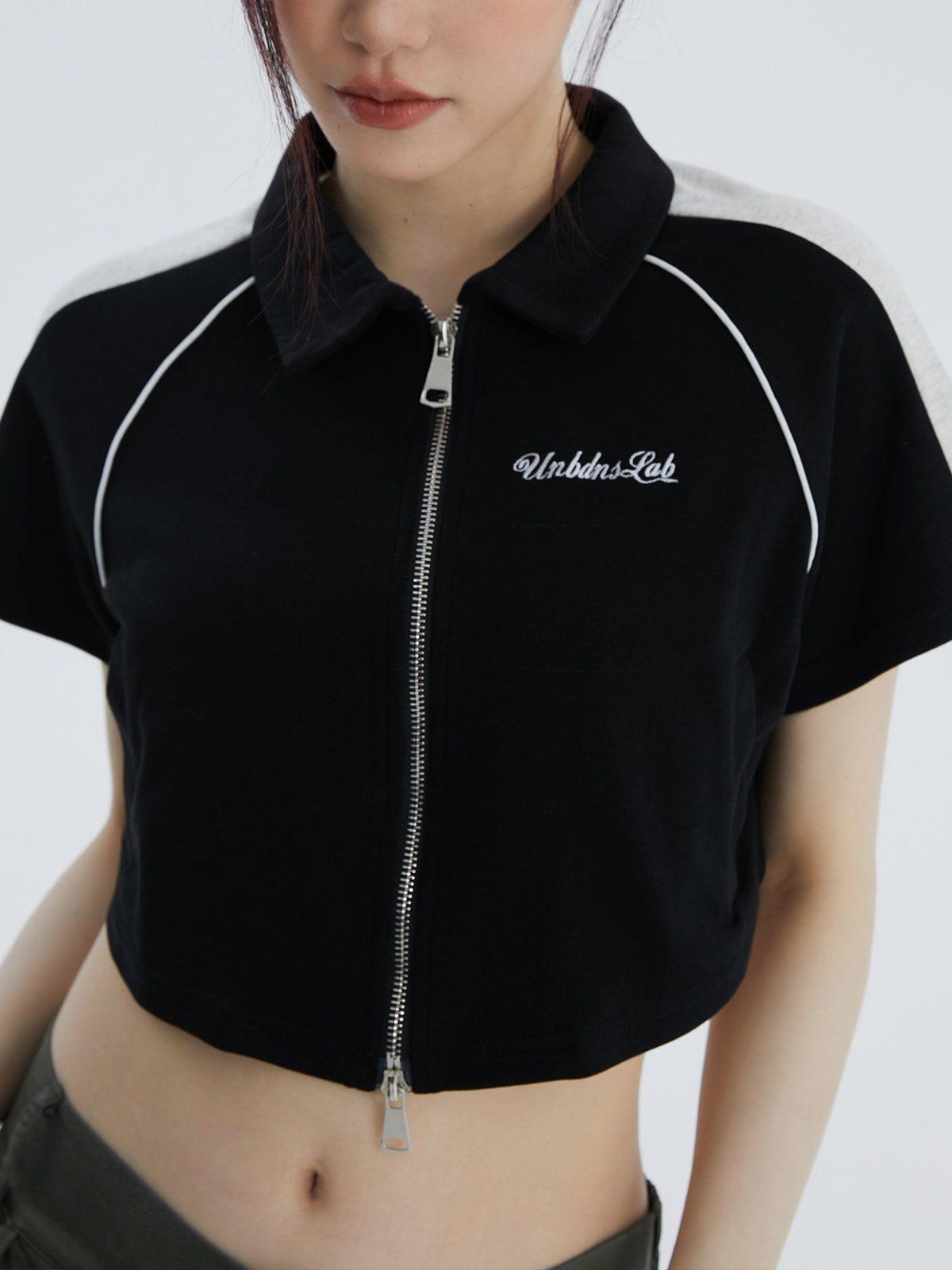 Lapel Zipper Colorblock Tee