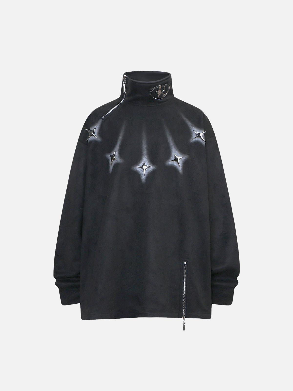 Metal Button Multi Zipper Suede Fleece Sweatshirt