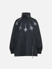 Metal Button Multi Zipper Suede Fleece Sweatshirt