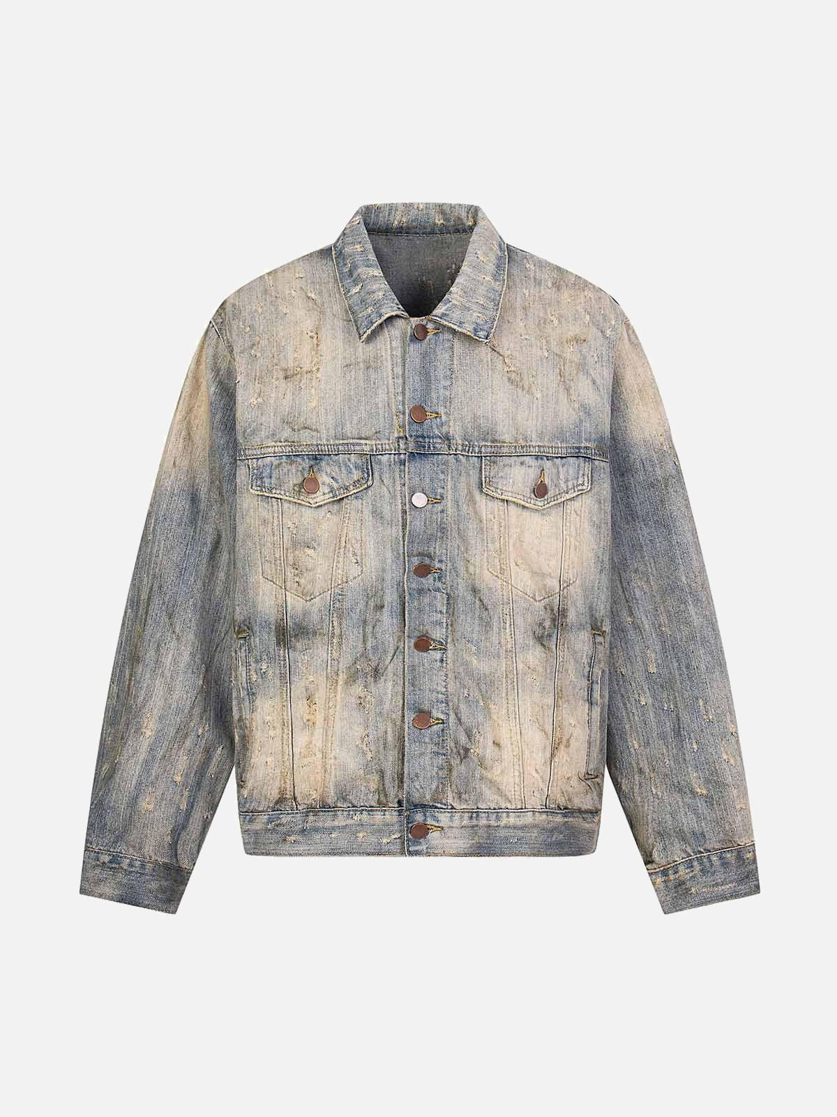 Mud-Dyed Distressed Rhinestone Denim Jacket
