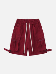 Multi-Pocket Cargo Solid Drawstring Shorts