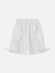 Multi-Pocket Cargo Solid Drawstring Shorts