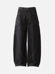 Multi-Pocket Deconstructed Washed Barrel Cargo Jeans