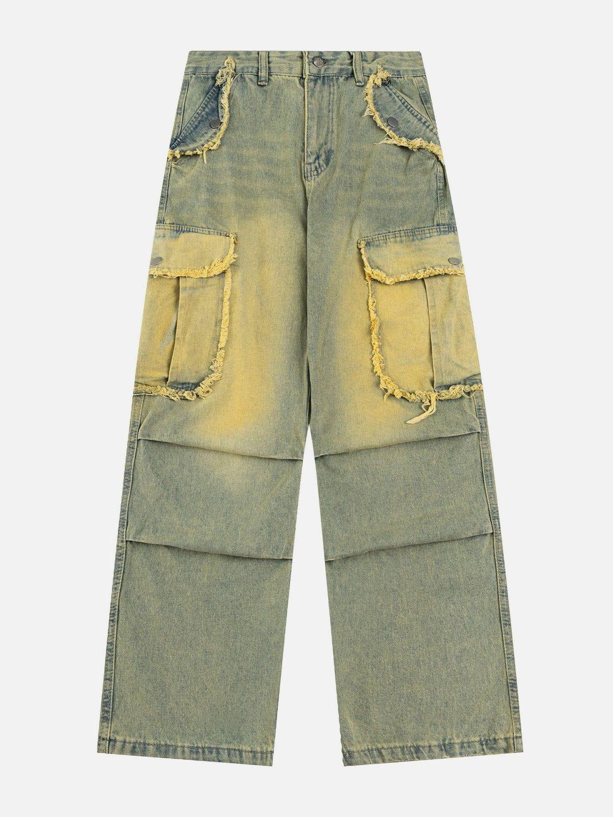 Multi Pocket Fringe Washed Jeans
