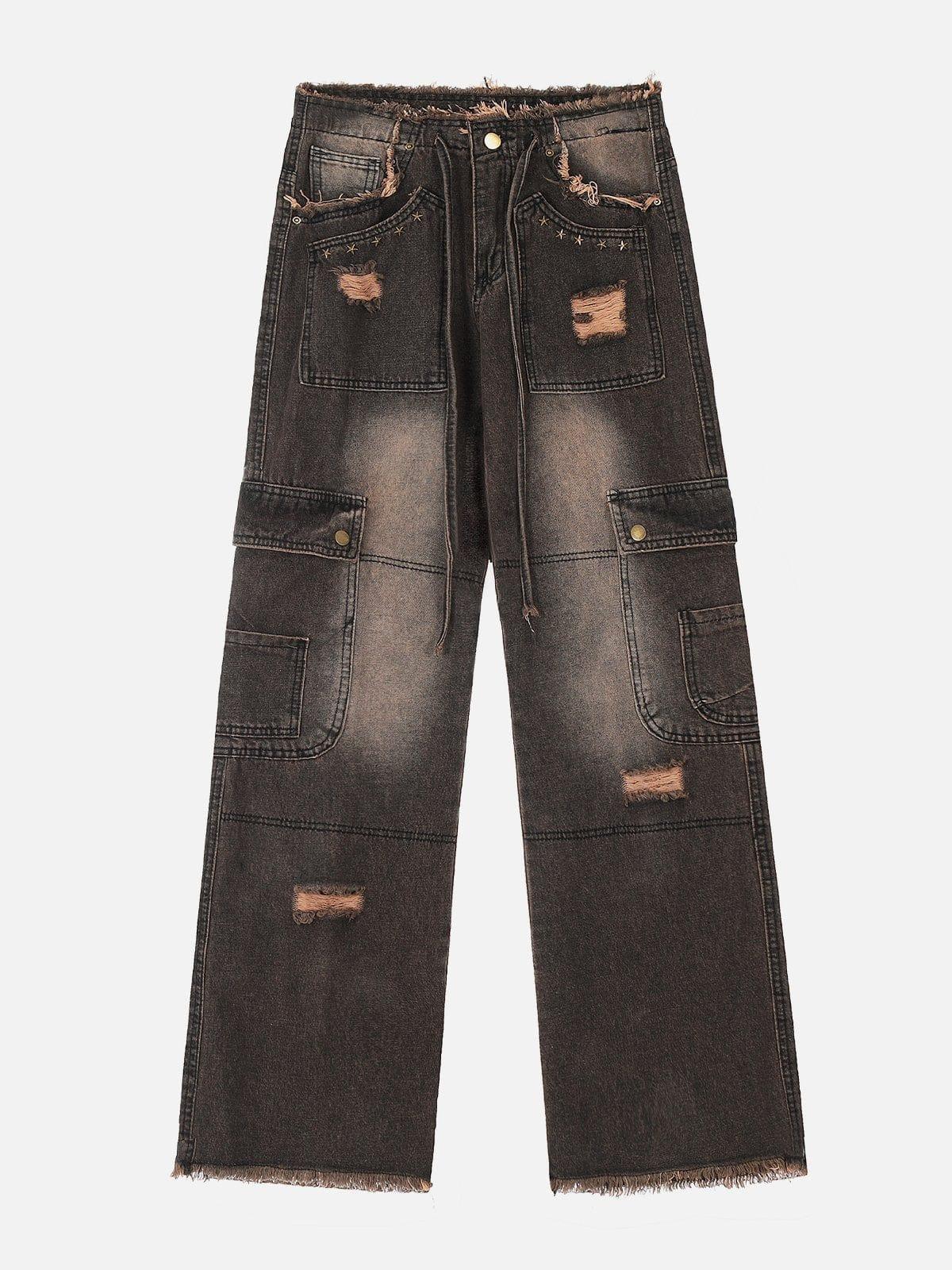 Multi-Pocket Ribbon Raw Edge Jeans
