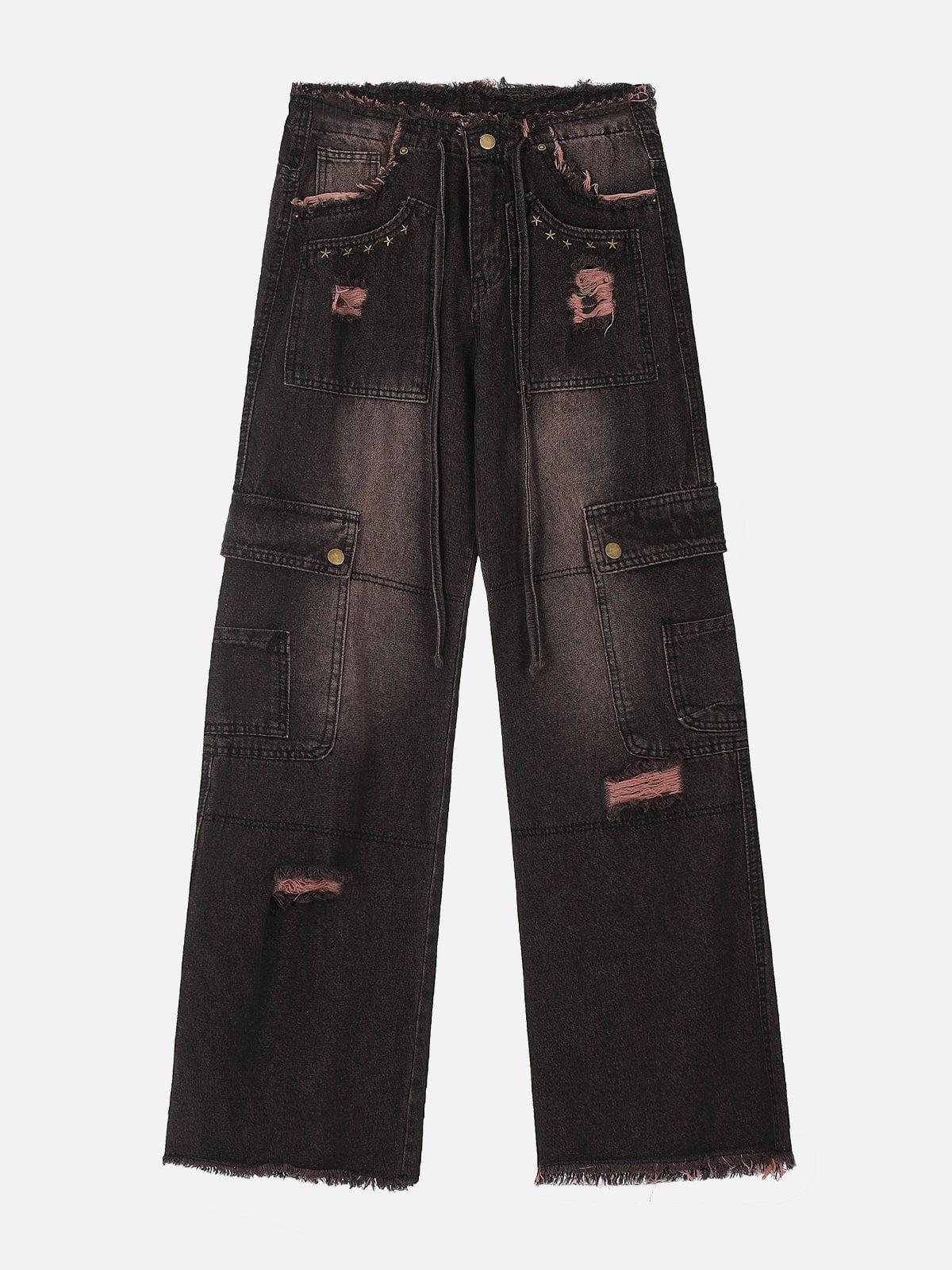 Multi-Pocket Ribbon Raw Edge Jeans