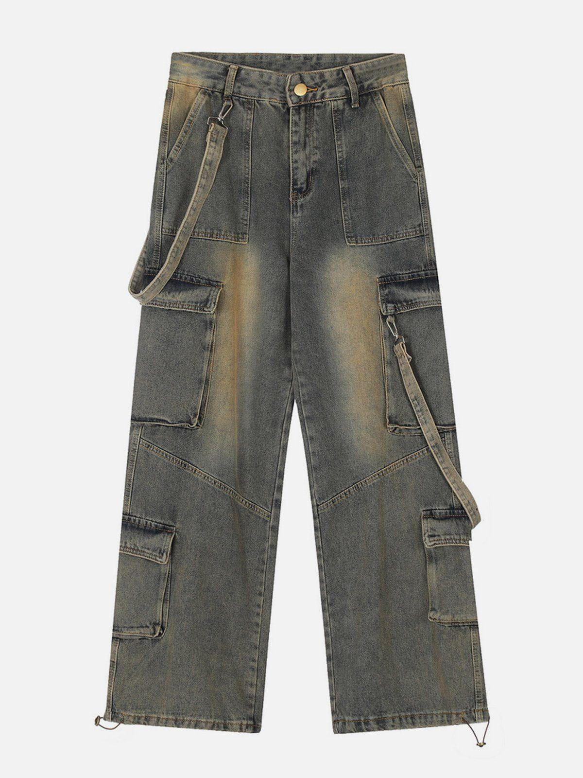Multi Pocket Washed Loose Jeans