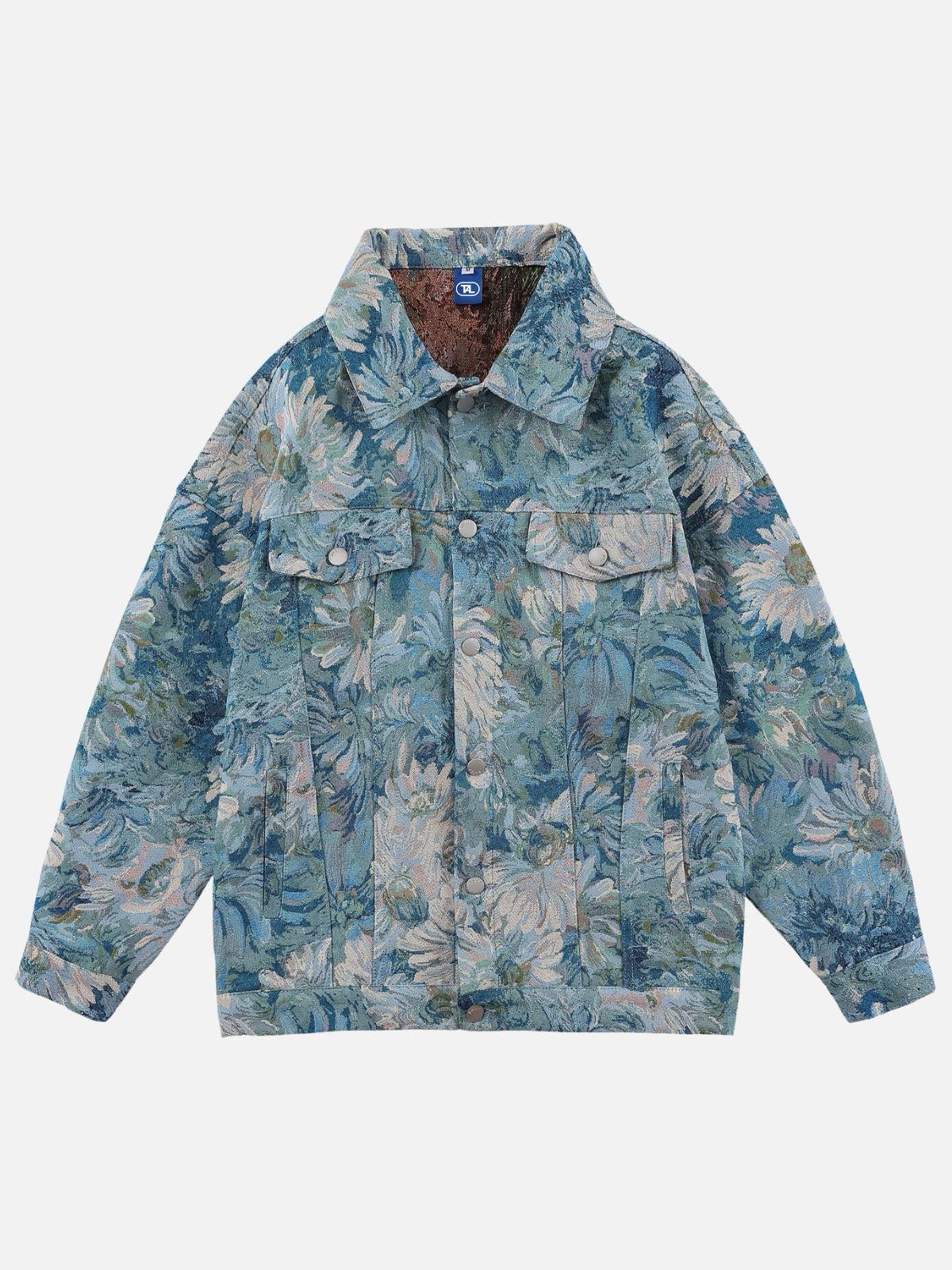 Oil Painting Jacquard Flower Denim Jacket