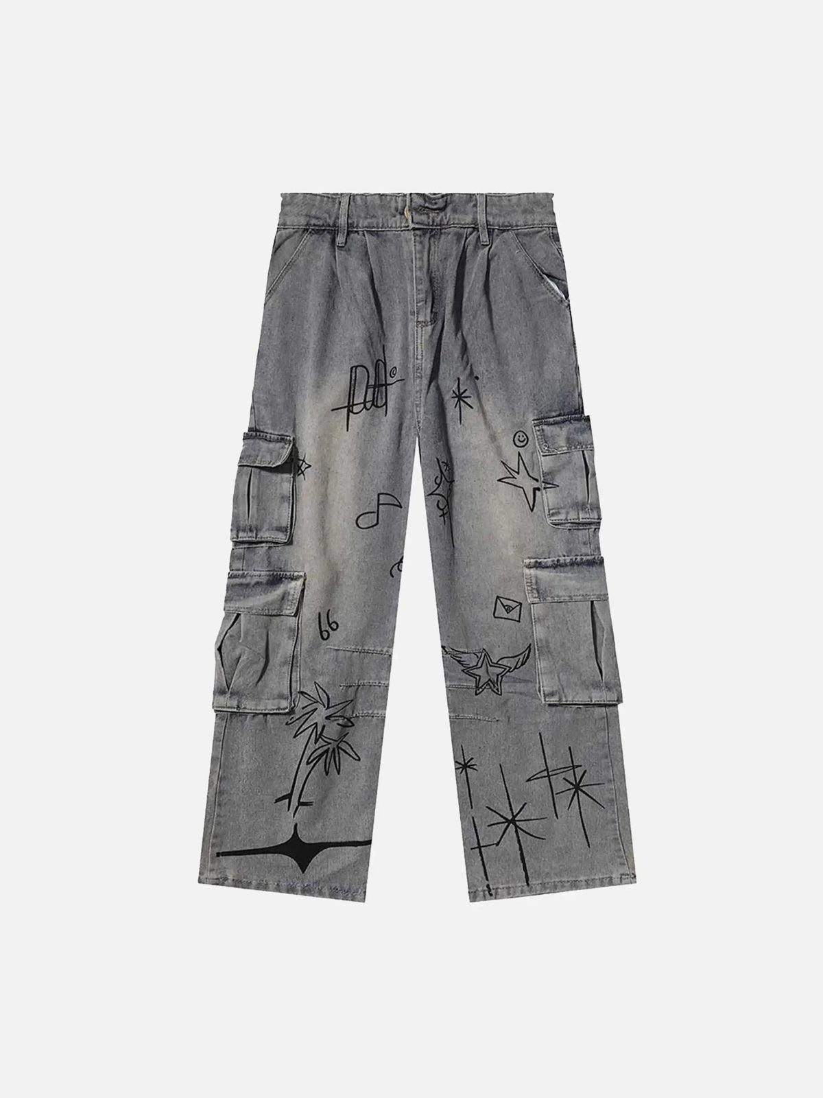 Painted Washed Multi-Pocket Cargo Jeans
