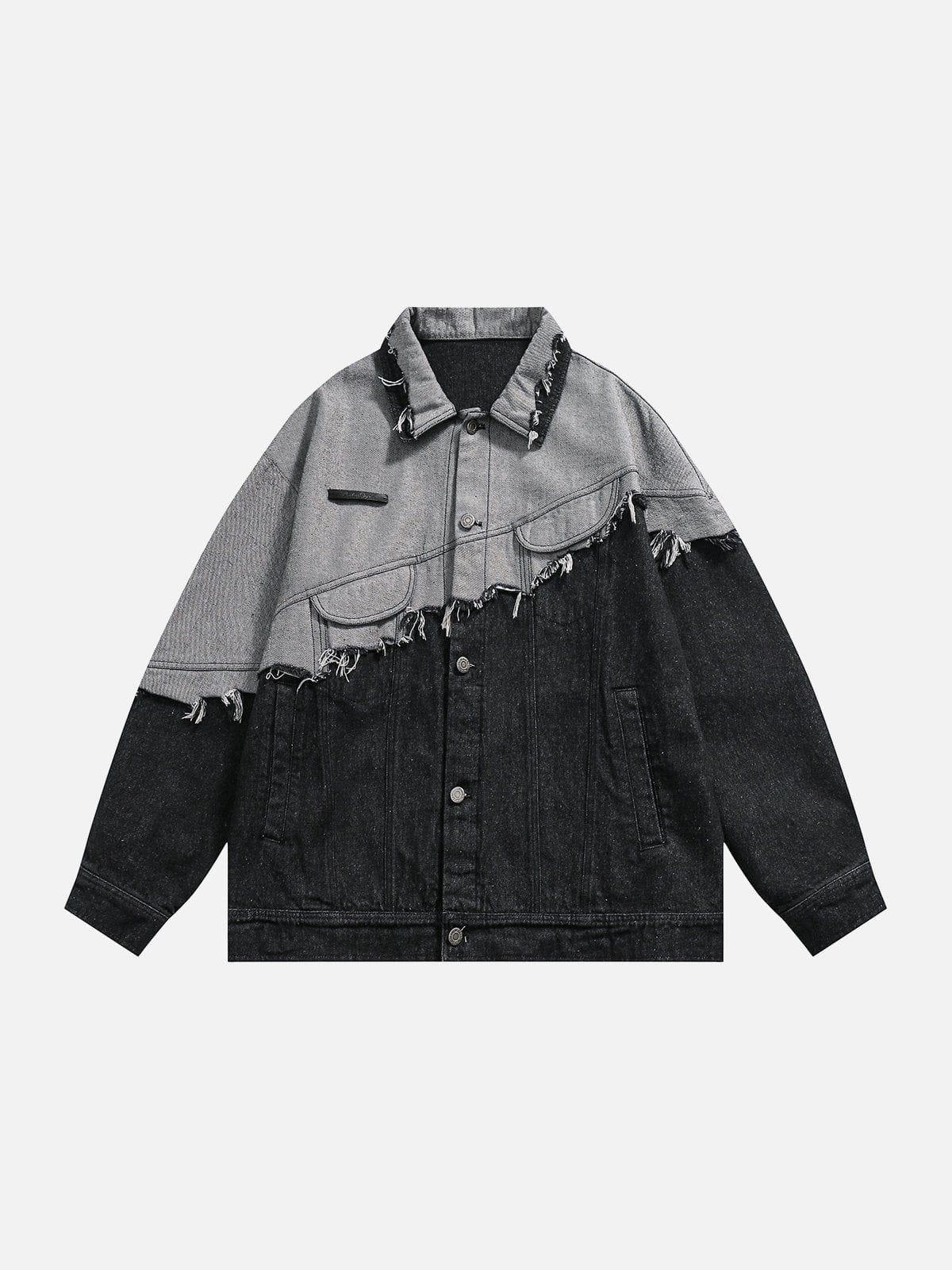 Paneled Color Contrast Ripped Denim Jacket
