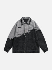 Paneled Color Contrast Ripped Denim Jacket