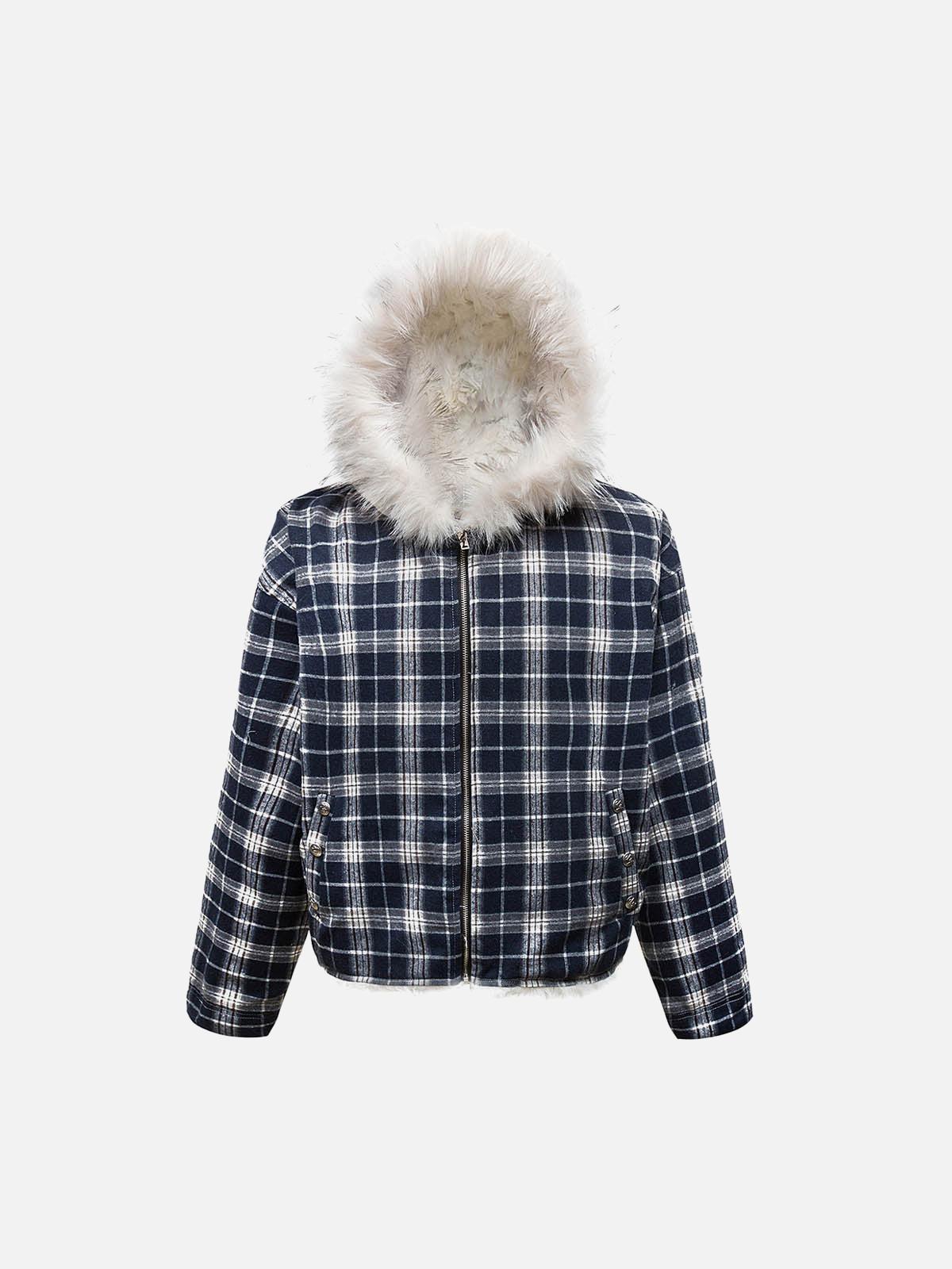 Plaid Sherpa Lined  Fur Hooded Jacket