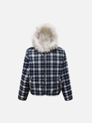 Plaid Sherpa Lined  Fur Hooded Jacket