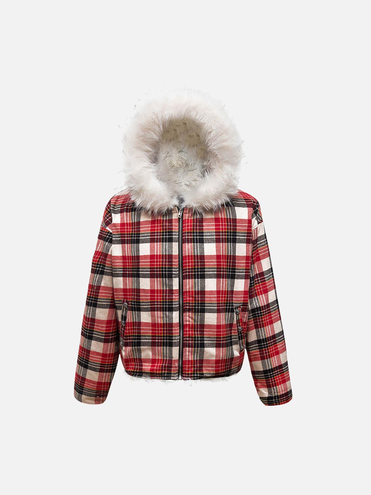 Plaid Sherpa Lined  Fur Hooded Jacket
