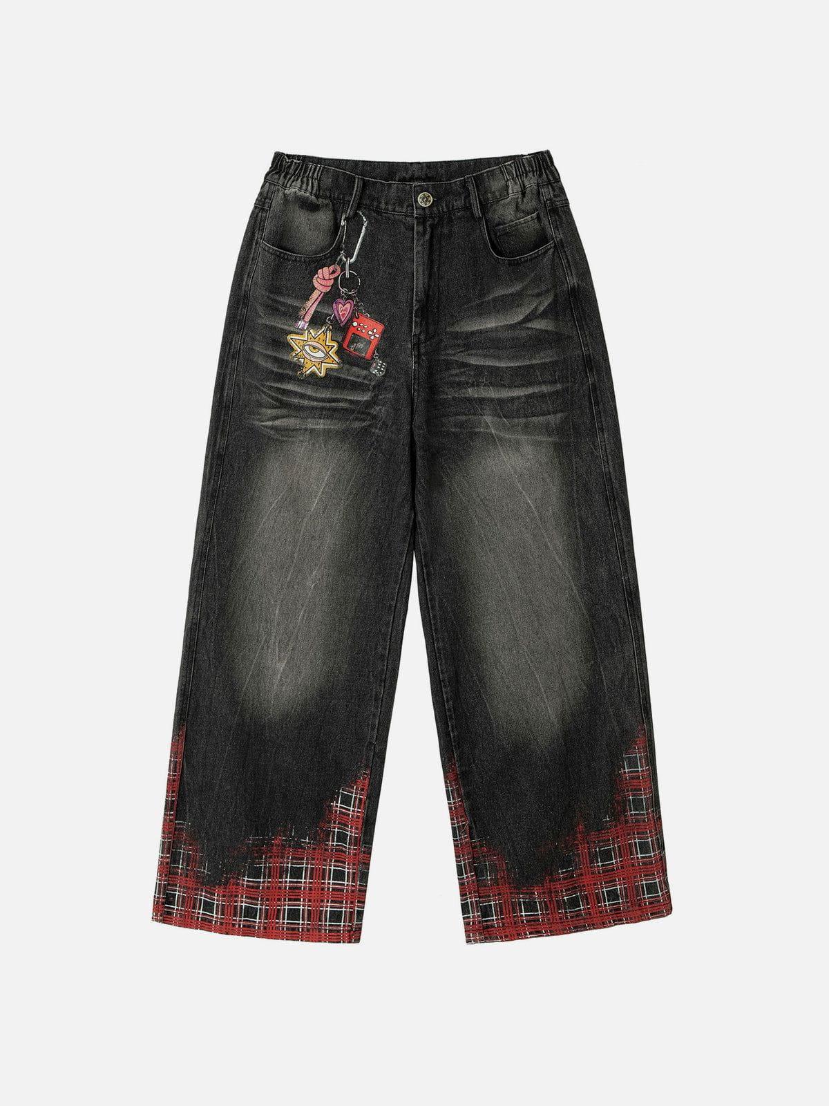Plaid Washed Print Loose Jeans
