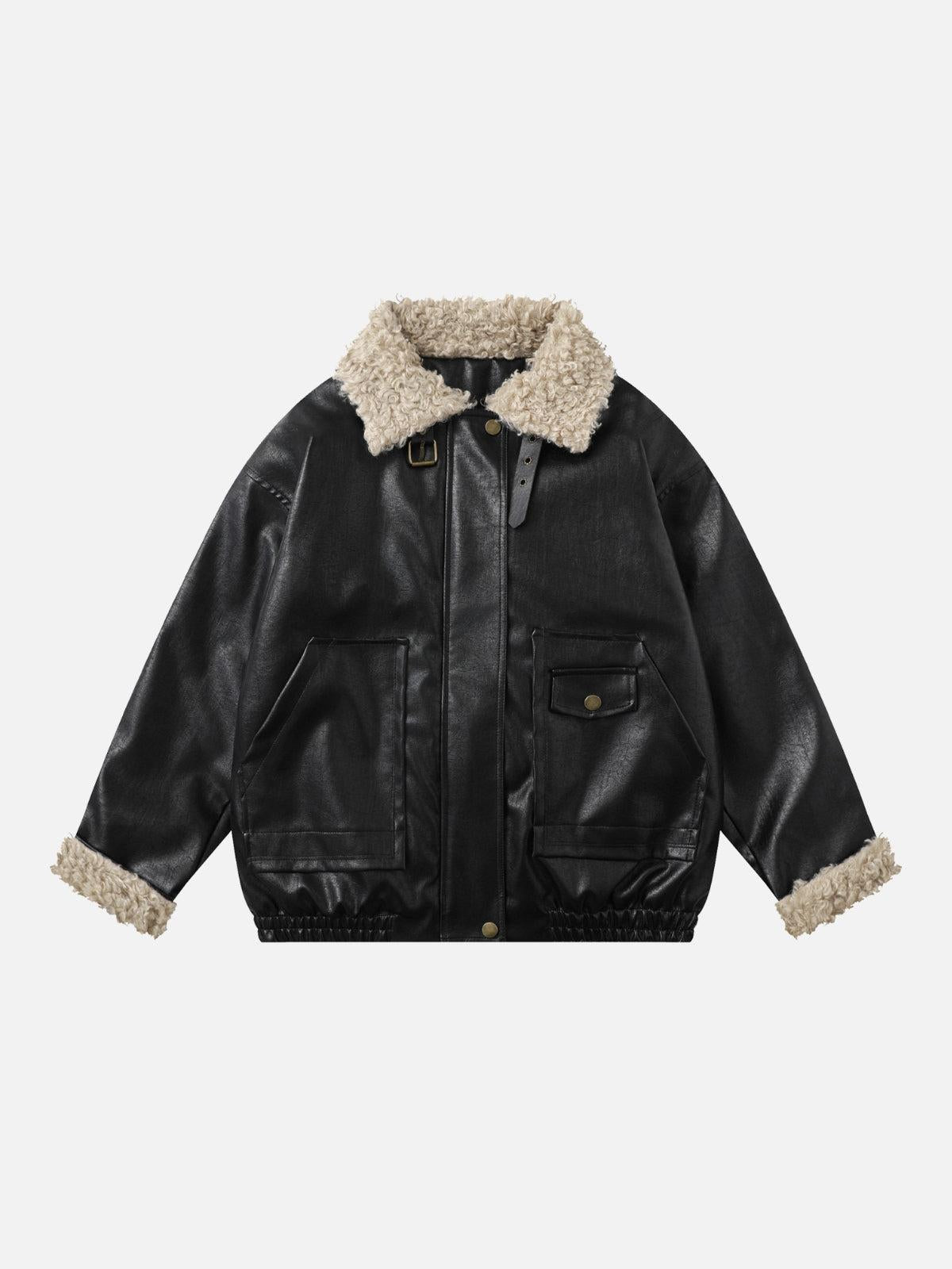 Plush Collar Faux Leather Jacket