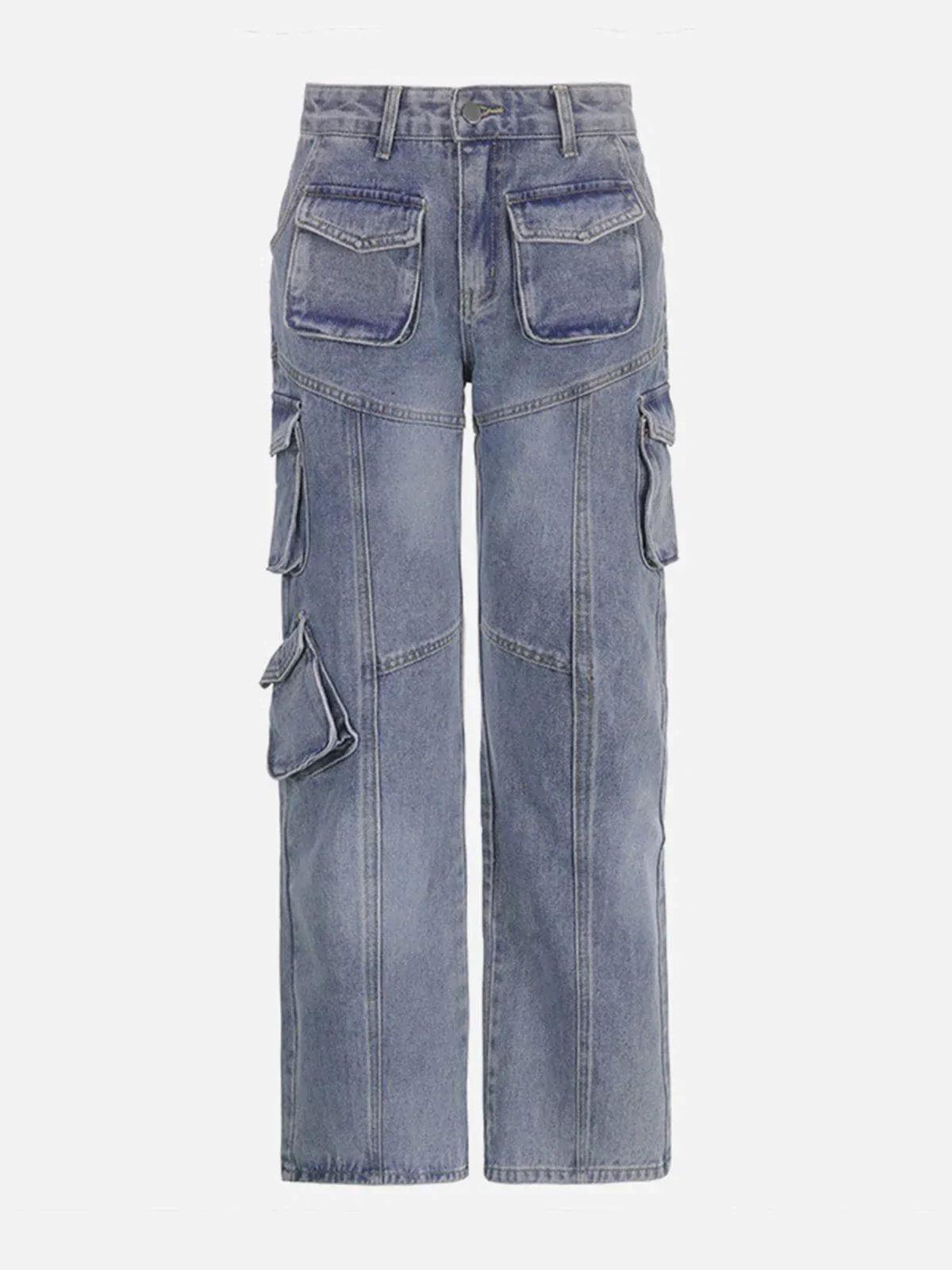 Pocket Patchwork High Rise Straight Leg Jeans