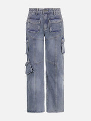 Pocket Patchwork High Rise Straight Leg Jeans