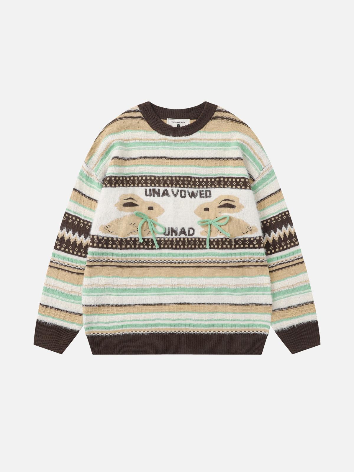 Rabbit Jacquard Bow Decorative Stripes Sweater
