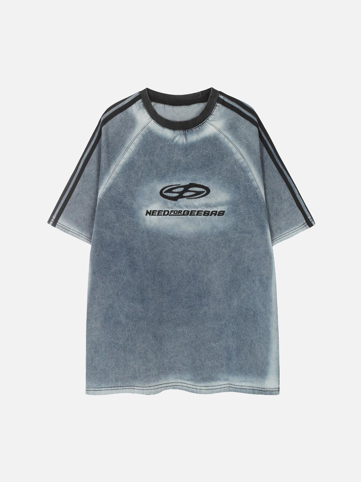 Retro Letter Embroidery Contrast Denim T-Shirt
