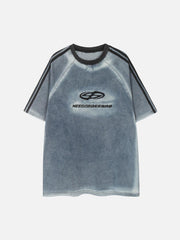 Retro Letter Embroidery Contrast Denim T-Shirt