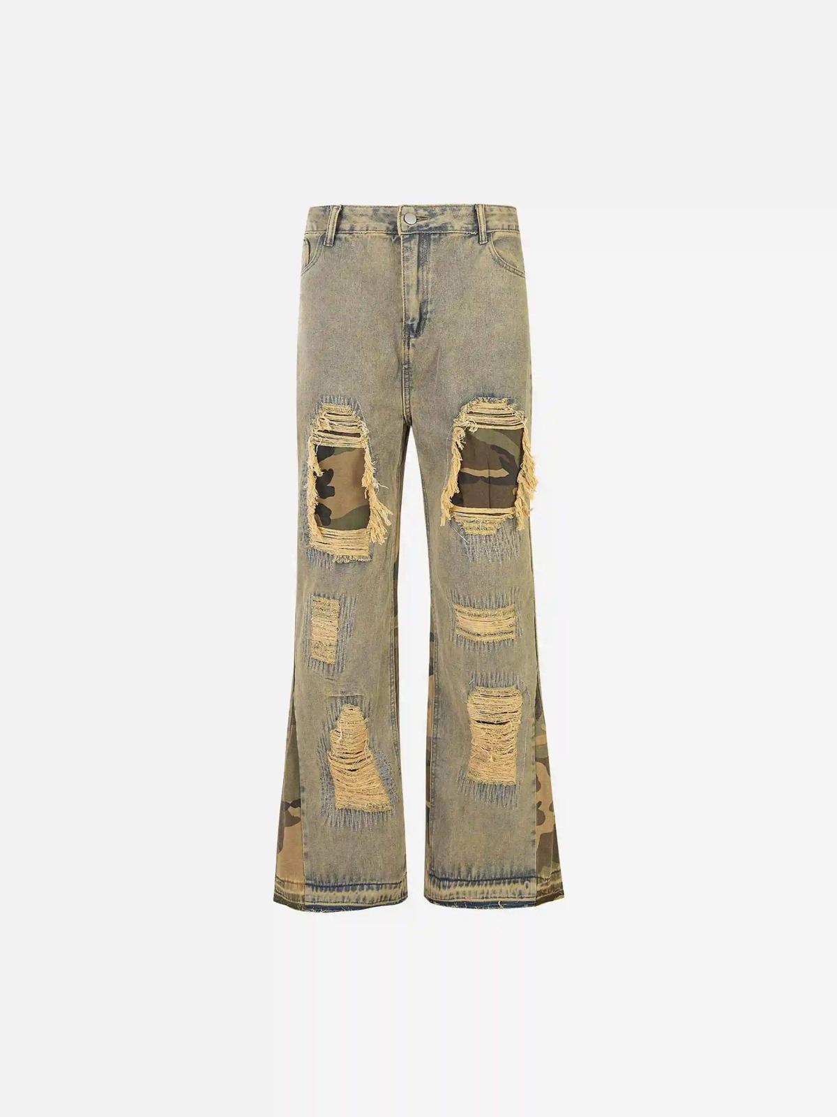 Retro Patchwork Camouflage Flared Jeans
