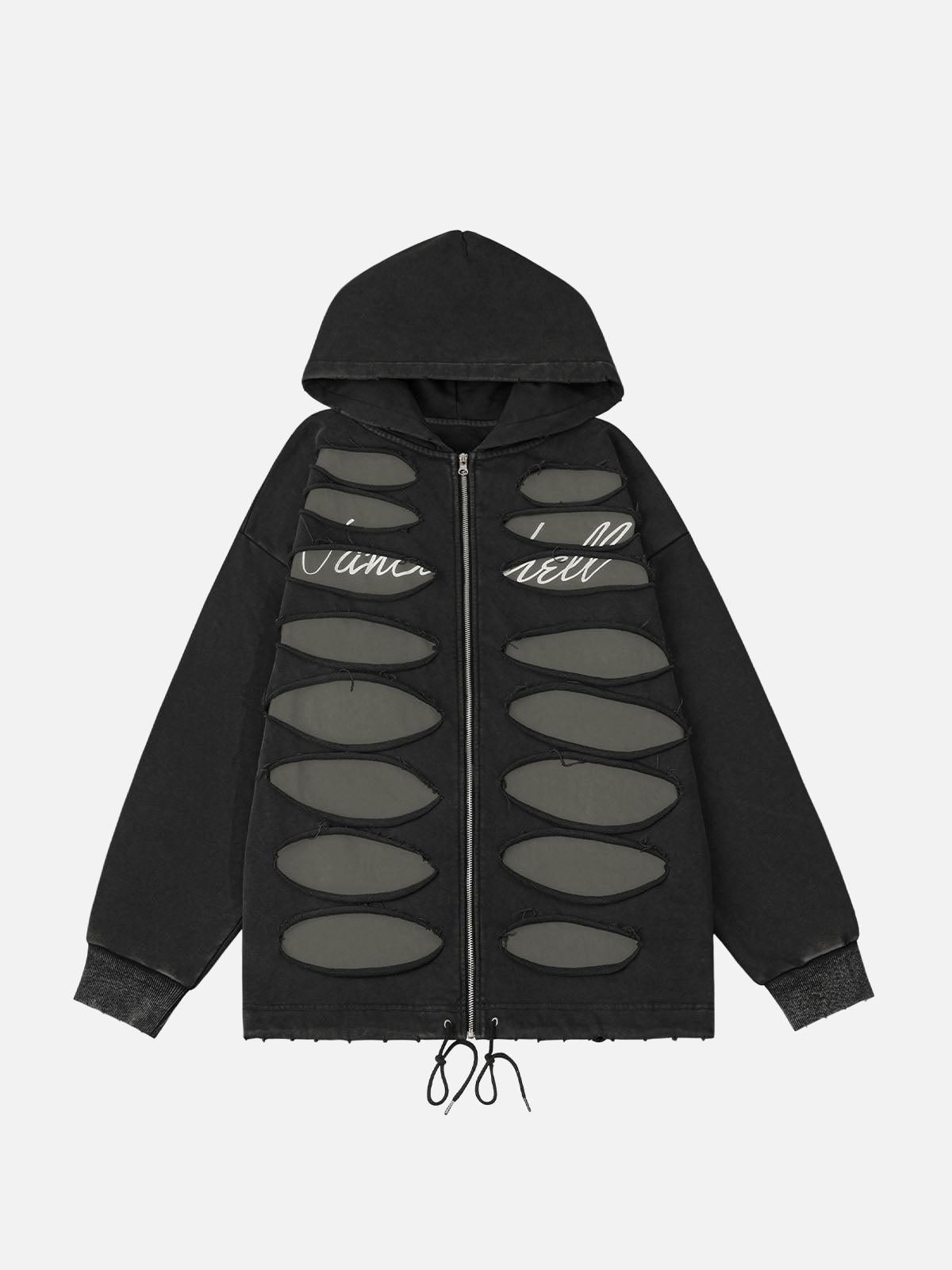 Ripped Drawstring Zip-Up Jacket