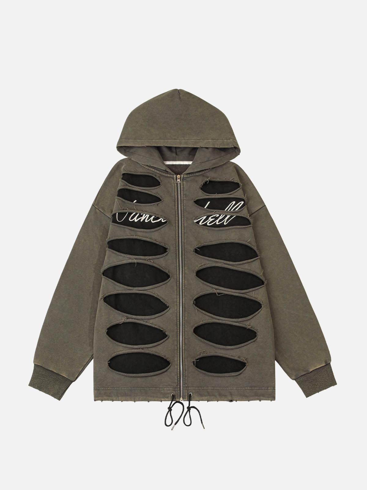 Ripped Drawstring Zip-Up Jacket