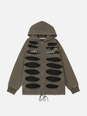 Ripped Drawstring Zip-Up Jacket