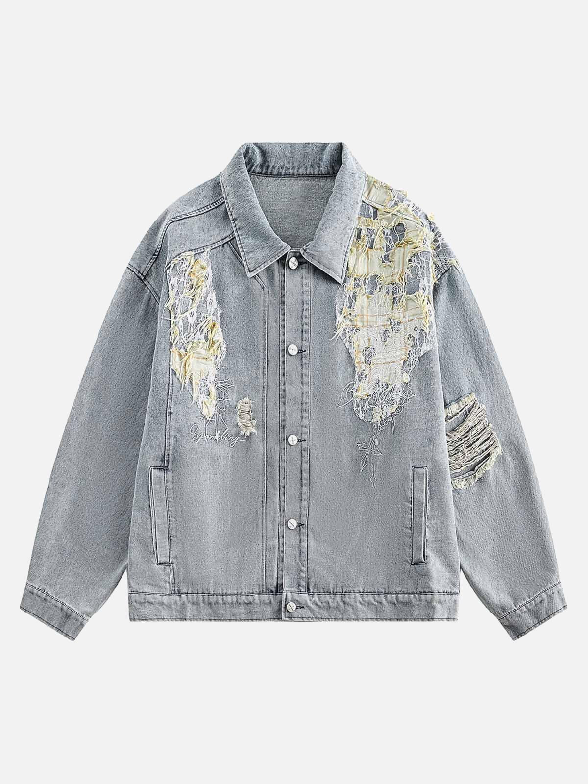 Ripped Lace Panel Denim Jacket