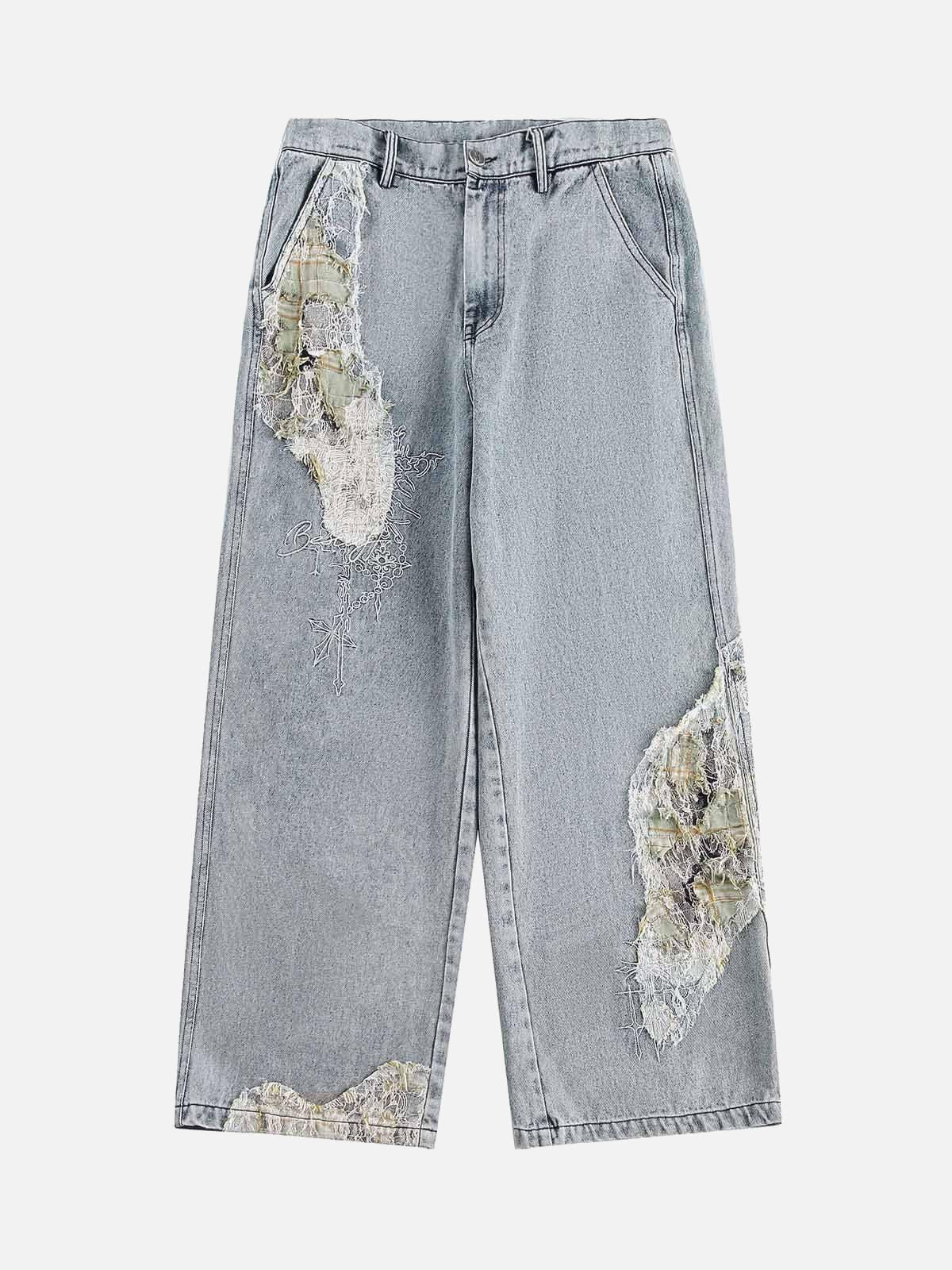 Ripped Lace Panel Denim Pants