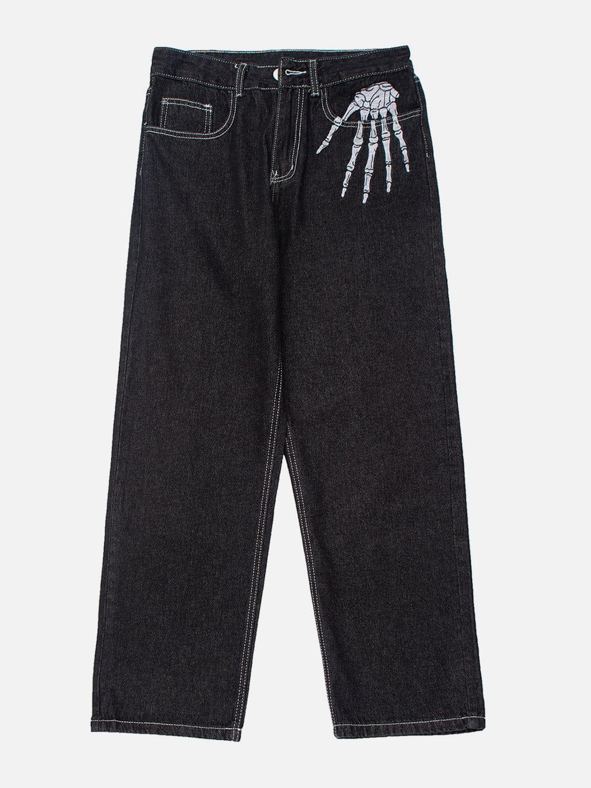 Skull Bone Embroidery Loose Jeans