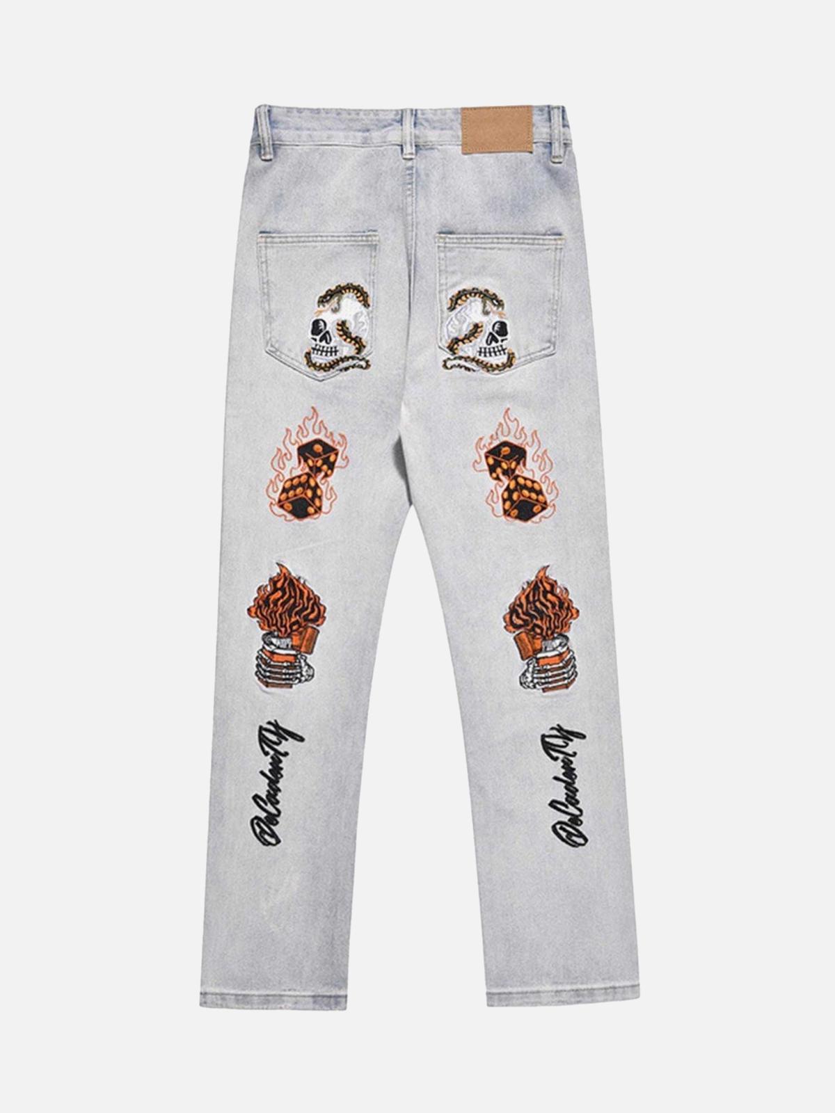 Skull Flame Monogram Embroidered Slim Fit Jeans