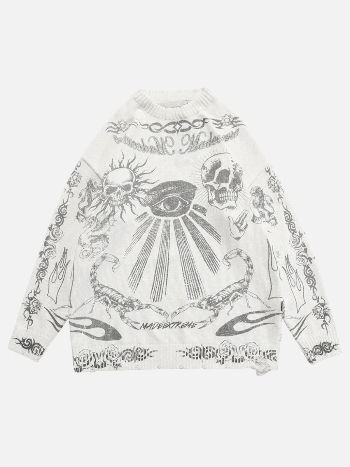 Skull Print Distressed Sweater