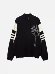Spider Web Stand Collar Zip-Up Cardigan