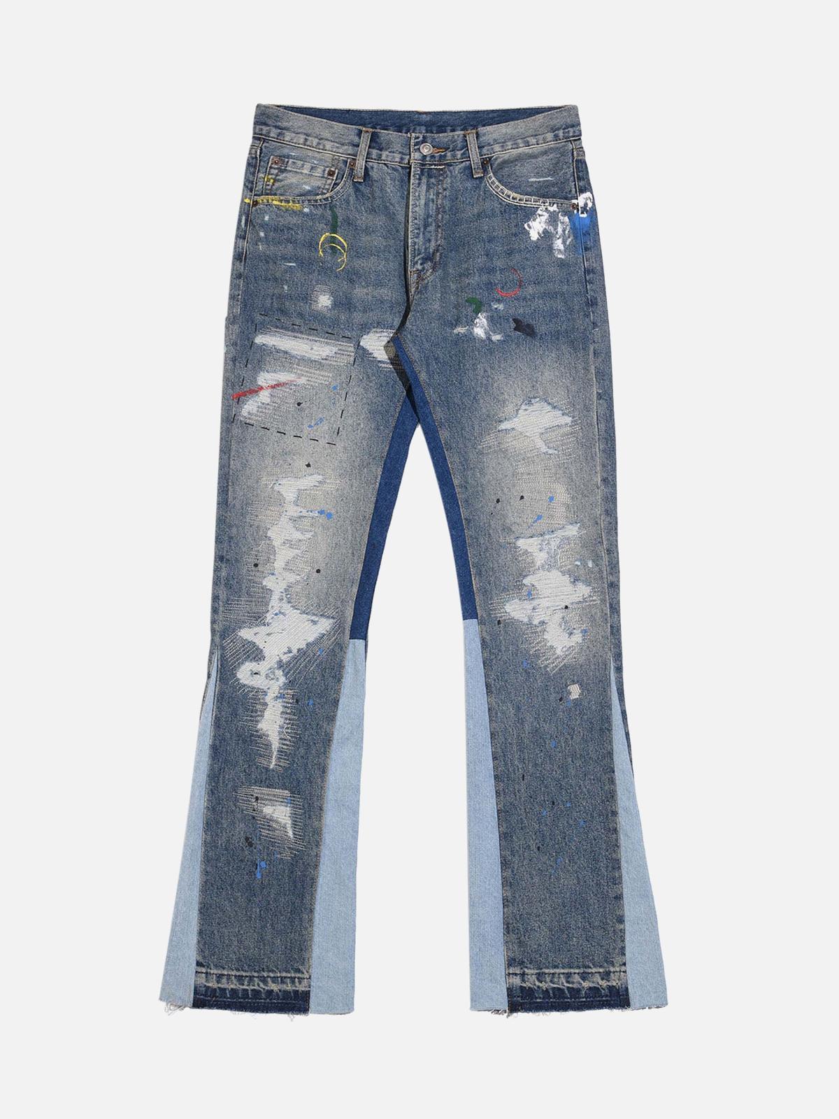 Splashing Ink Micro Horn Deconstruction Stitching Jeans