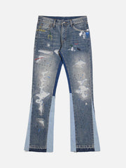 Splashing Ink Micro Horn Deconstruction Stitching Jeans